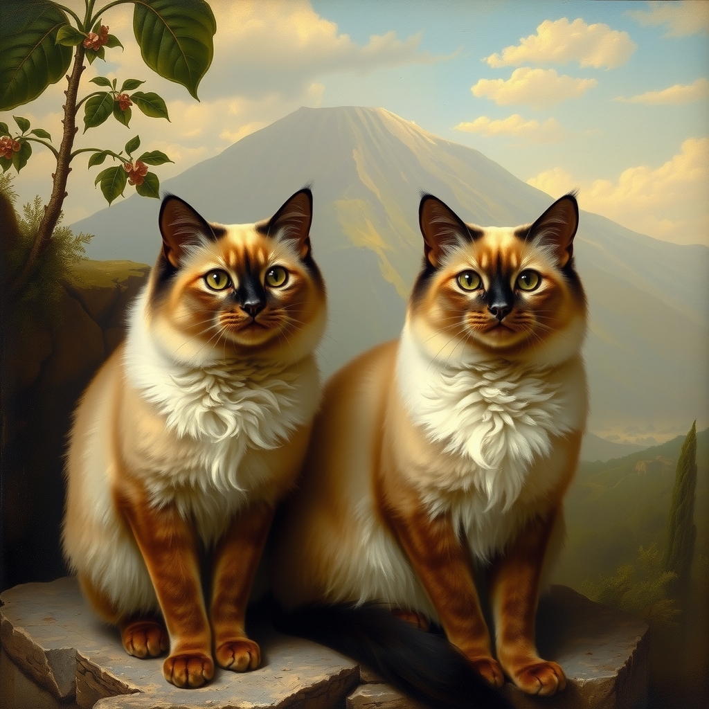 two balinese cats with vesuvius background italian painting style 19th century by मुफ्त एआई छवि जनरेटर - बिना लॉगिन के✨ | AIGAZOU