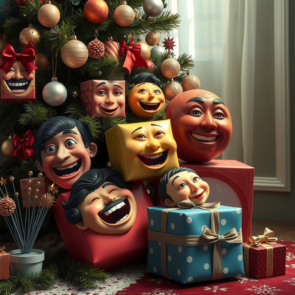 a decorated christmas tree with smiling faces on gifts fantastic realism by मुफ्त एआई छवि जनरेटर - बिना लॉगिन के✨ | AIGAZOU