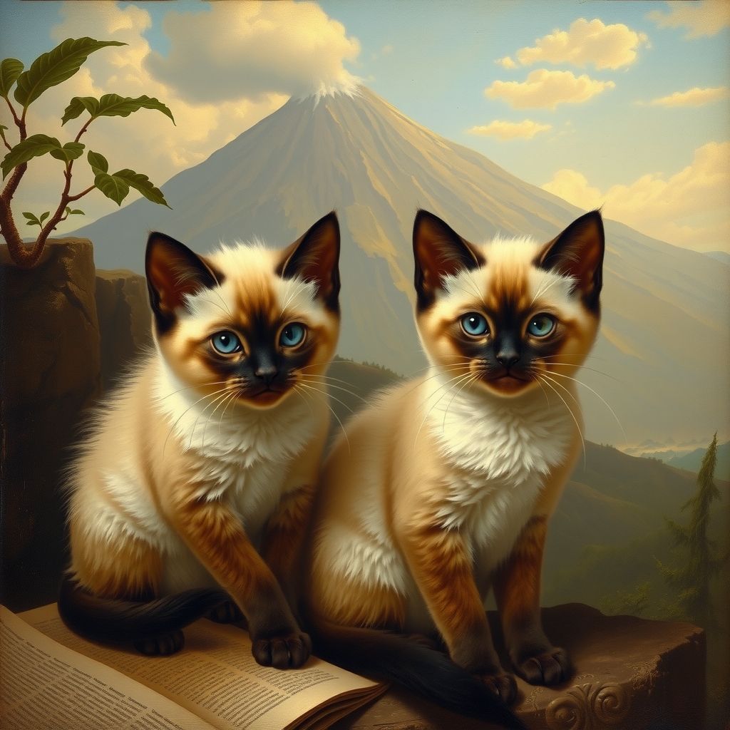 two siamese kittens with vesuvius background italian painting style 19th century by मुफ्त एआई छवि जनरेटर - बिना लॉगिन के✨ | AIGAZOU