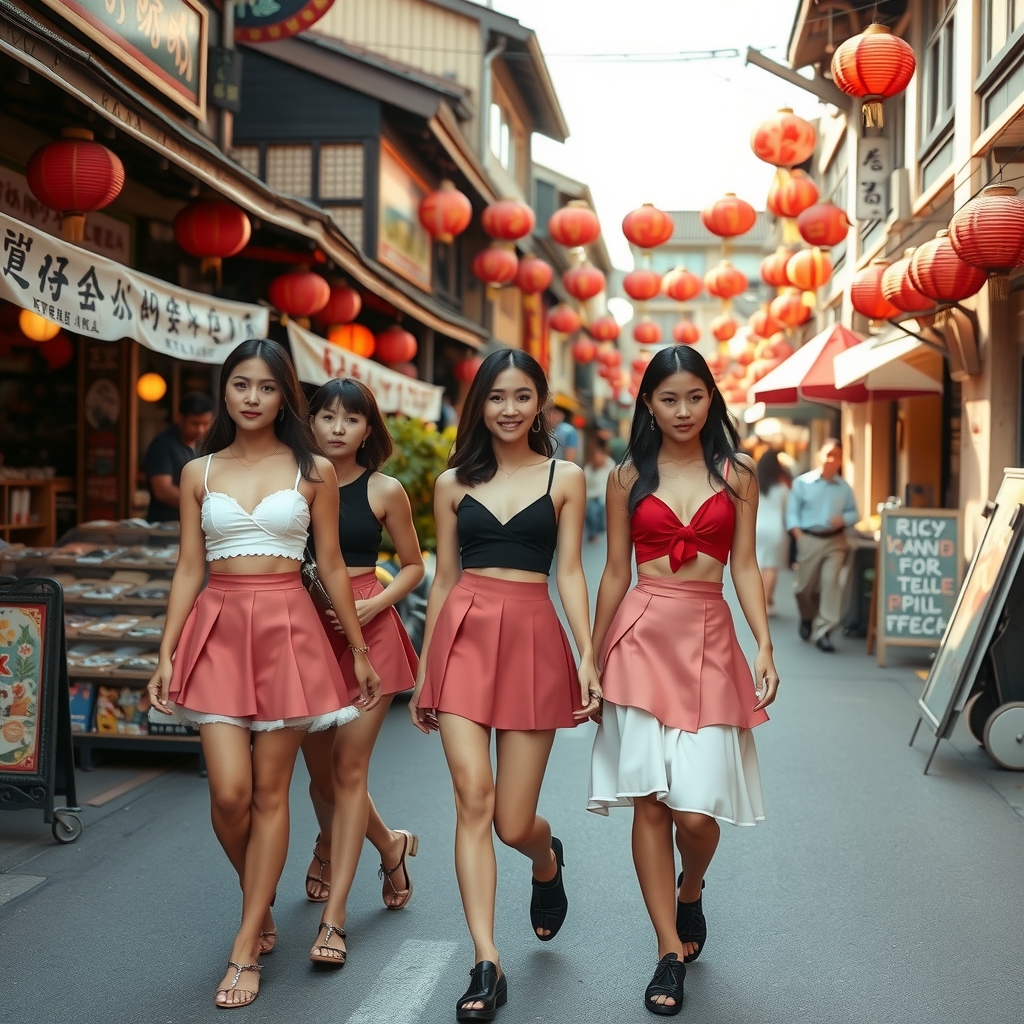 mini skirt beauty group walking in chinese market by मुफ्त एआई छवि जनरेटर - बिना लॉगिन के✨ | AIGAZOU