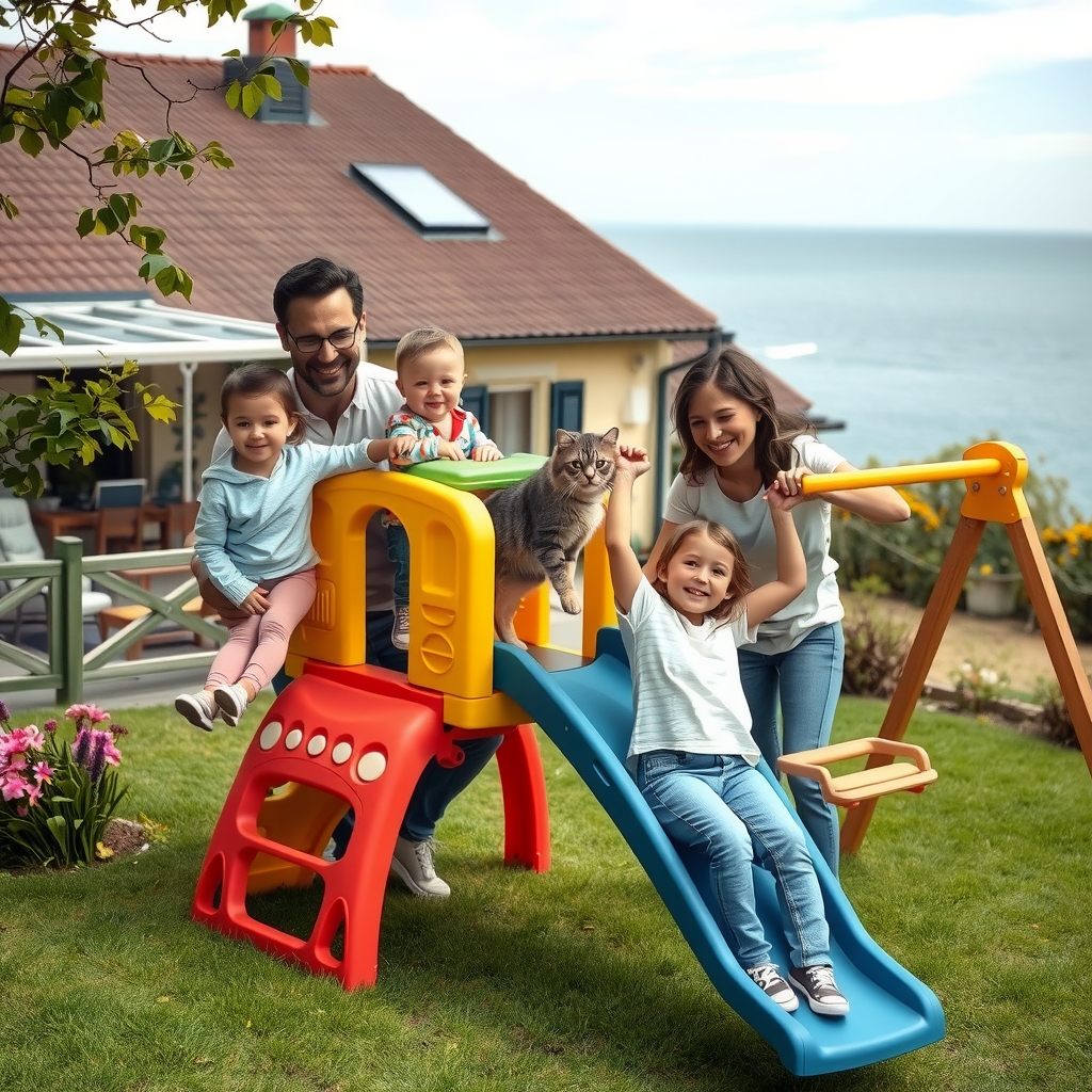 happy family playing climbing frame garden sea background by Générateur d'images par IA gratuit - Aucune connexion nécessaire✨ | AIGAZOU