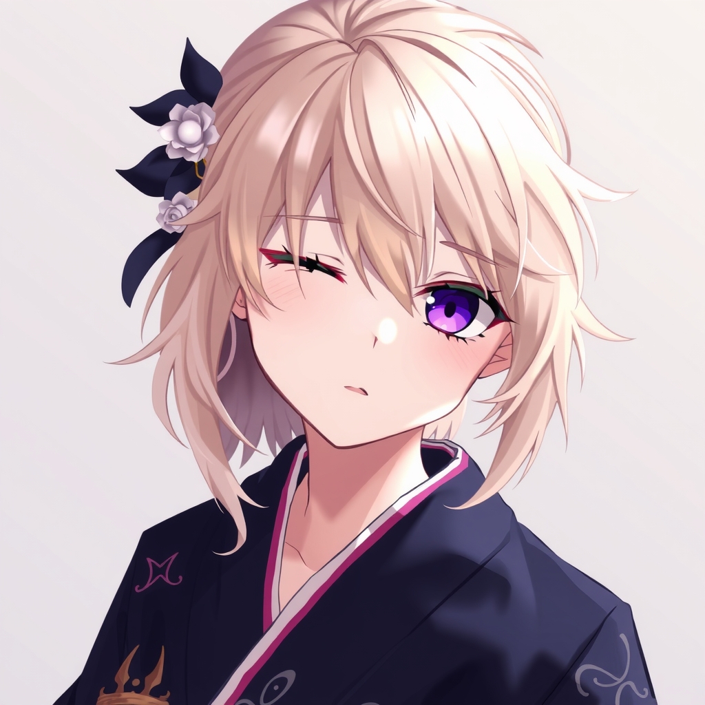 black kimono purple eyes one eye hidden blonde hair by मुफ्त एआई छवि जनरेटर - बिना लॉगिन के✨ | AIGAZOU