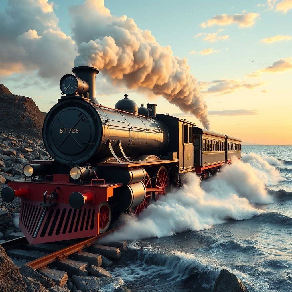 image generation sky sea wind steam locomotive by 免费AI图像生成工具 | AIGAZOU