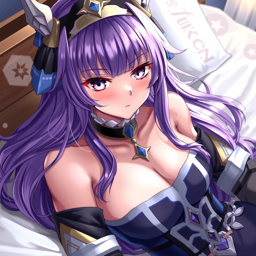 raiden shogun genshin impact purple eyes hair bangs long hair leaning forward light blush on bed extremely detailed masterpiece best by मुफ्त एआई छवि जनरेटर - बिना लॉगिन के✨ | AIGAZOU