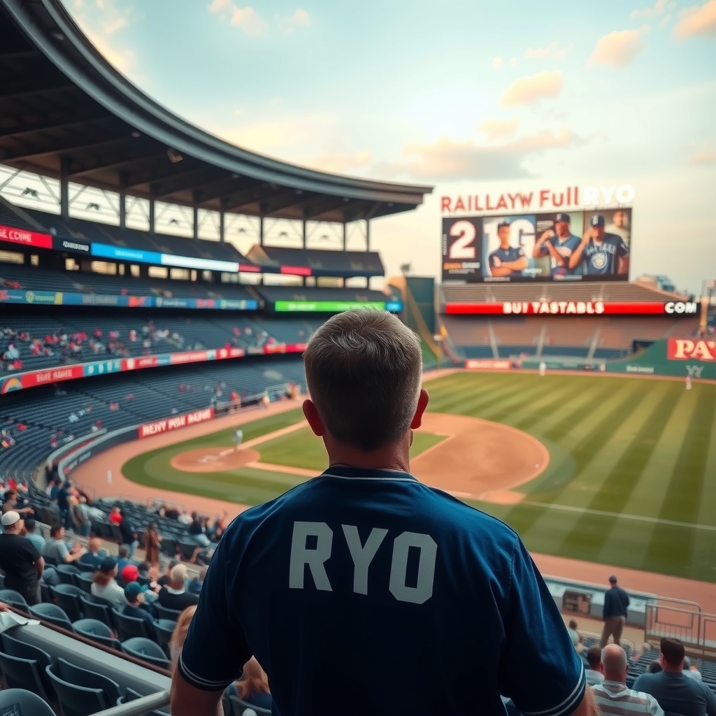 baseball field backscreen staring at the stadium with ryo on the back by मुफ्त एआई छवि जनरेटर - बिना लॉगिन के✨ | AIGAZOU