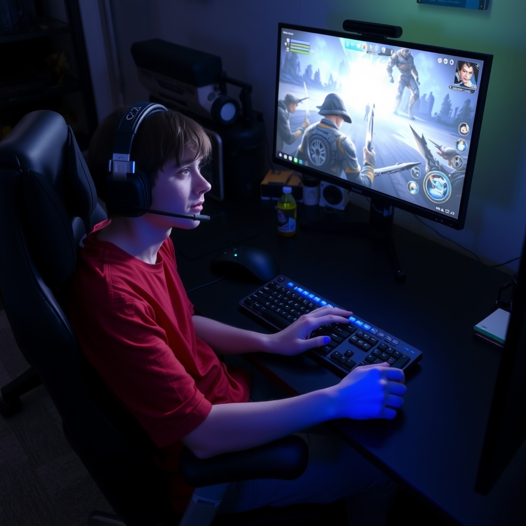 teen sits at computer surrounded by gaming gear by मुफ्त एआई छवि जनरेटर - बिना लॉगिन के✨ | AIGAZOU