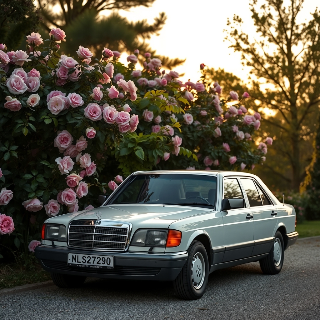 a mercedes w124 230e in a rose garden early morning by Générateur d'images par IA gratuit - Aucune connexion nécessaire✨ | AIGAZOU