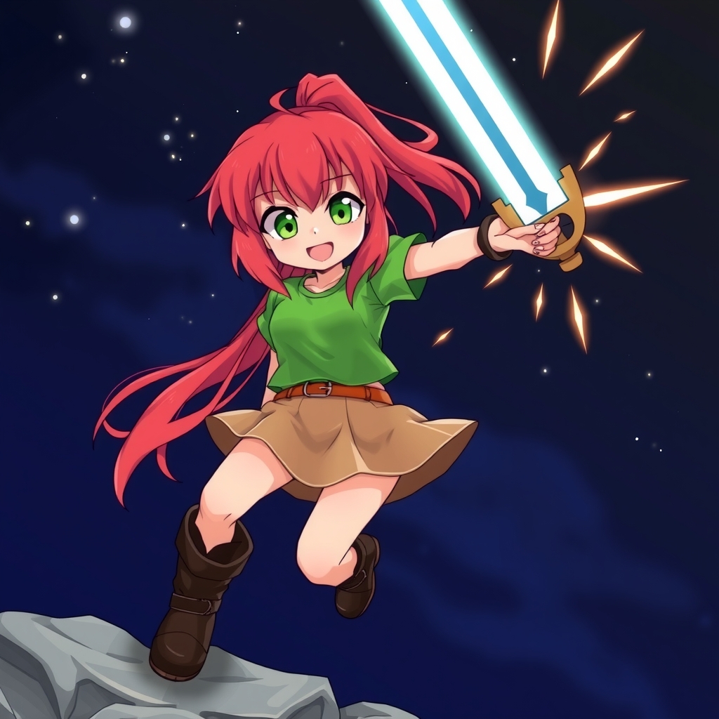 alexandra cute red hair ponytail bangs green eyes green t shirt light brown mini skirt black boots sword swinging night by मुफ्त एआई छवि जनरेटर - बिना लॉगिन के✨ | AIGAZOU