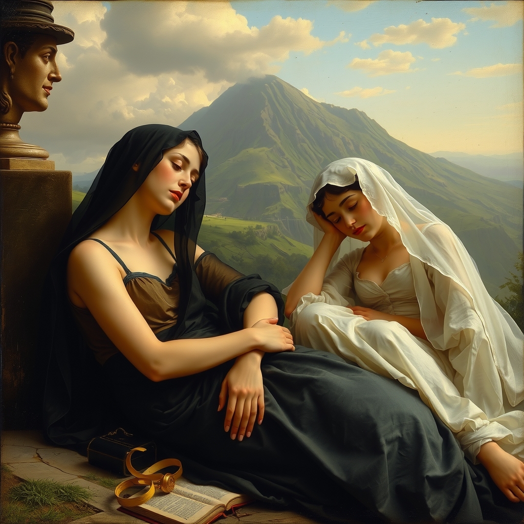 two women one black veil one white veil sleeping on ground with volcano background italian painting style 19th century by मुफ्त एआई छवि जनरेटर - बिना लॉगिन के✨ | AIGAZOU