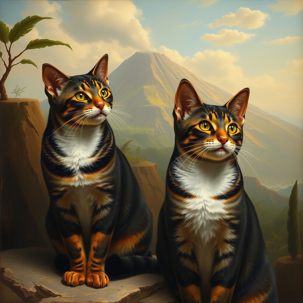 two american shorthair cats with mount vesuvius in the background in italian painting style of the 19th century by मुफ्त एआई छवि जनरेटर - बिना लॉगिन के✨ | AIGAZOU