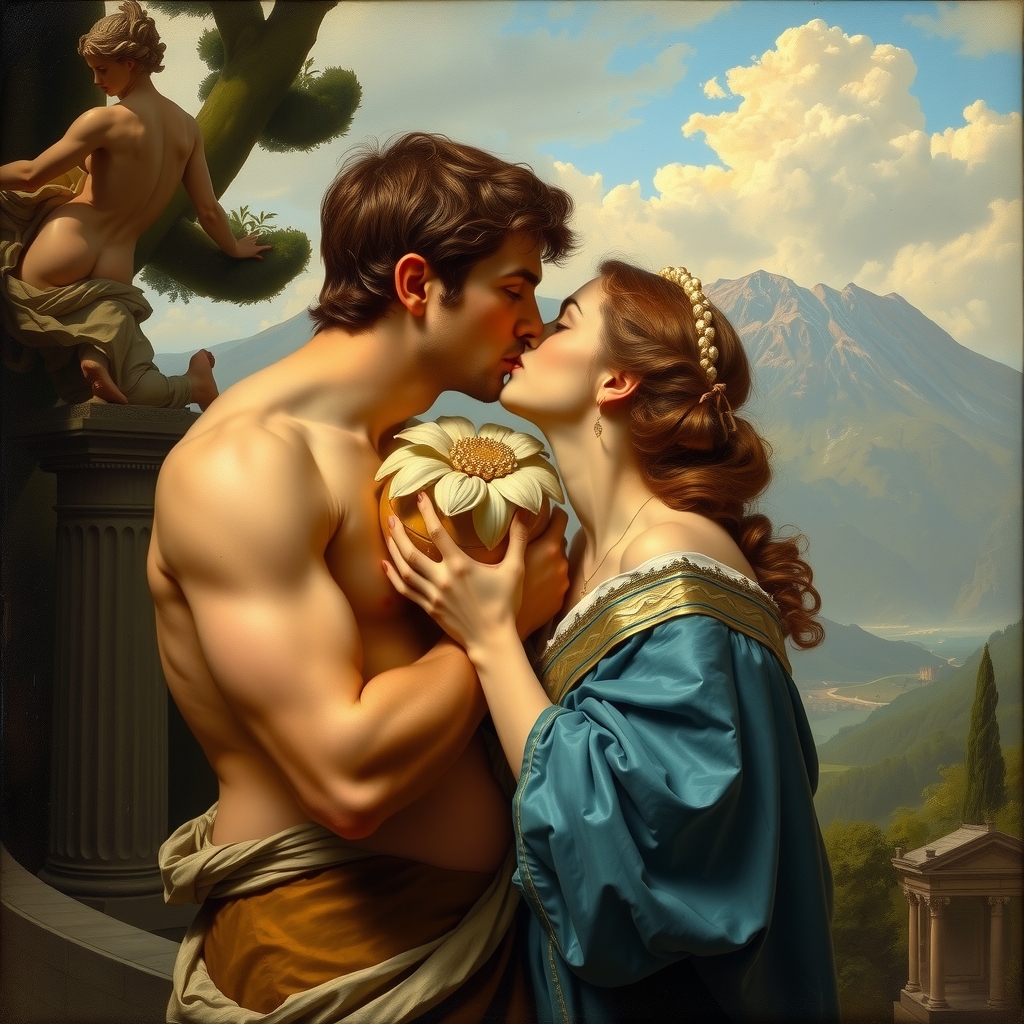 a man kissing a statue of aphrodite with mount vesuvius in the background in the style of 19th century italian by मुफ्त एआई छवि जनरेटर - बिना लॉगिन के✨ | AIGAZOU