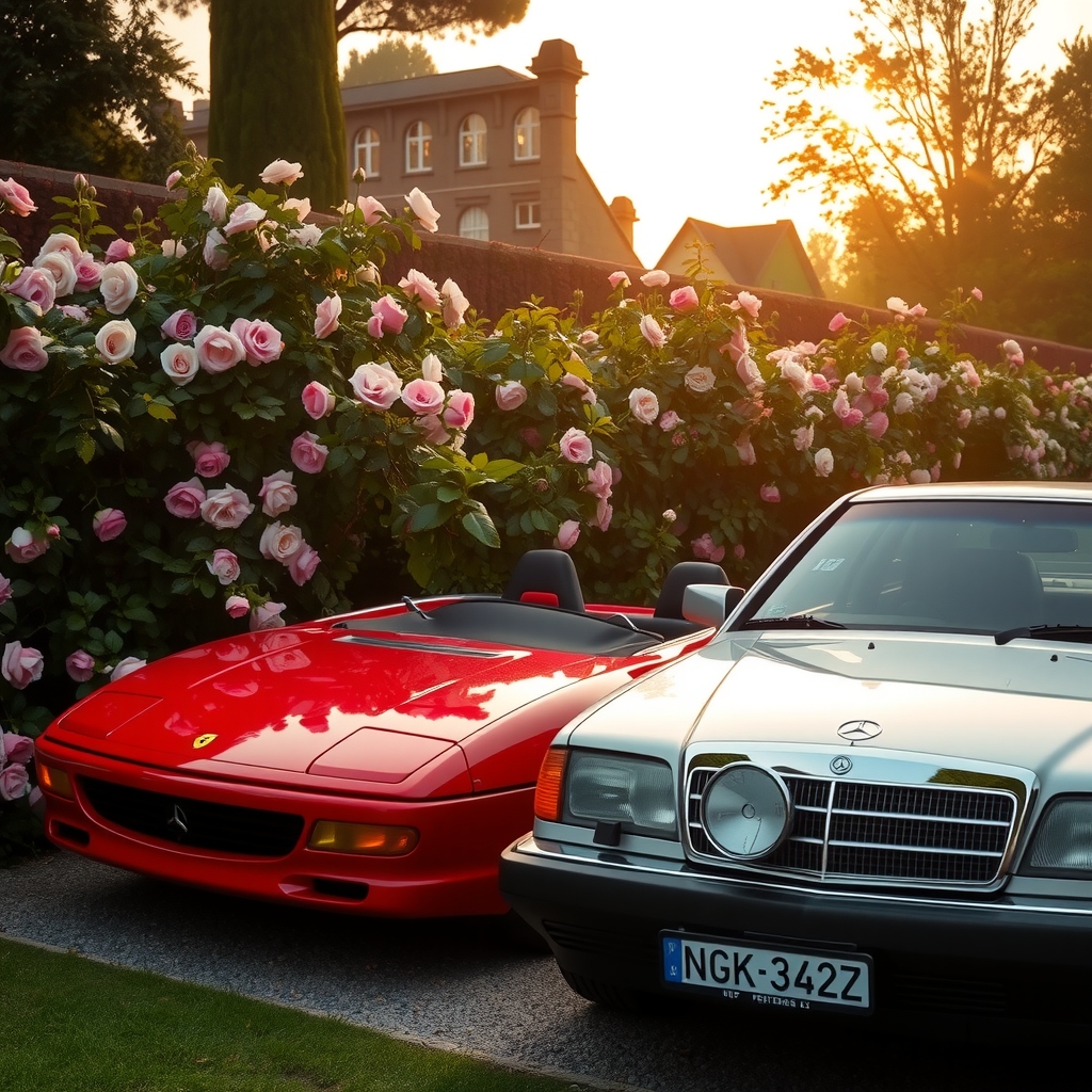 mix ferrari 350 mercedes w124 230e rose garden early morning by मुफ्त एआई छवि जनरेटर - बिना लॉगिन के✨ | AIGAZOU