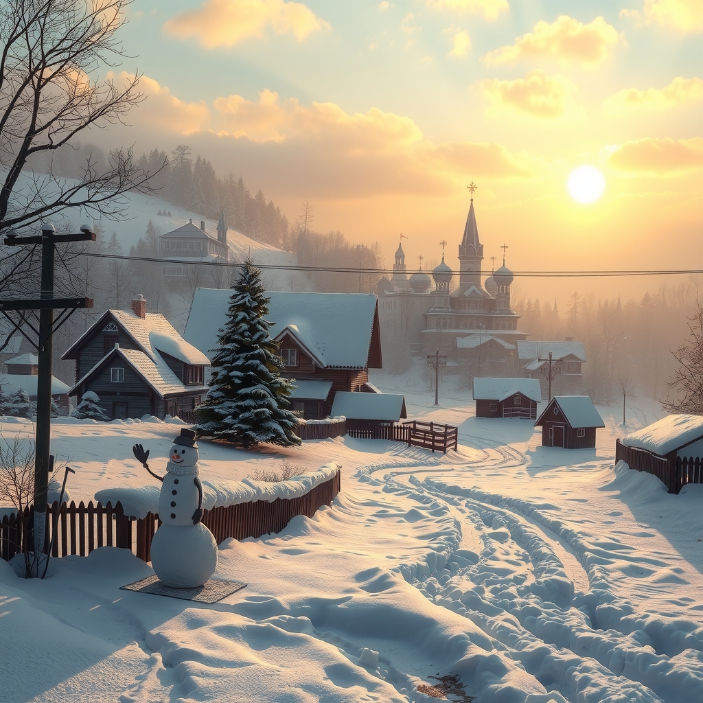 snowy landscape sunrise russian style village christmas tree snowman by Générateur d'images par IA gratuit - Aucune connexion nécessaire✨ | AIGAZOU