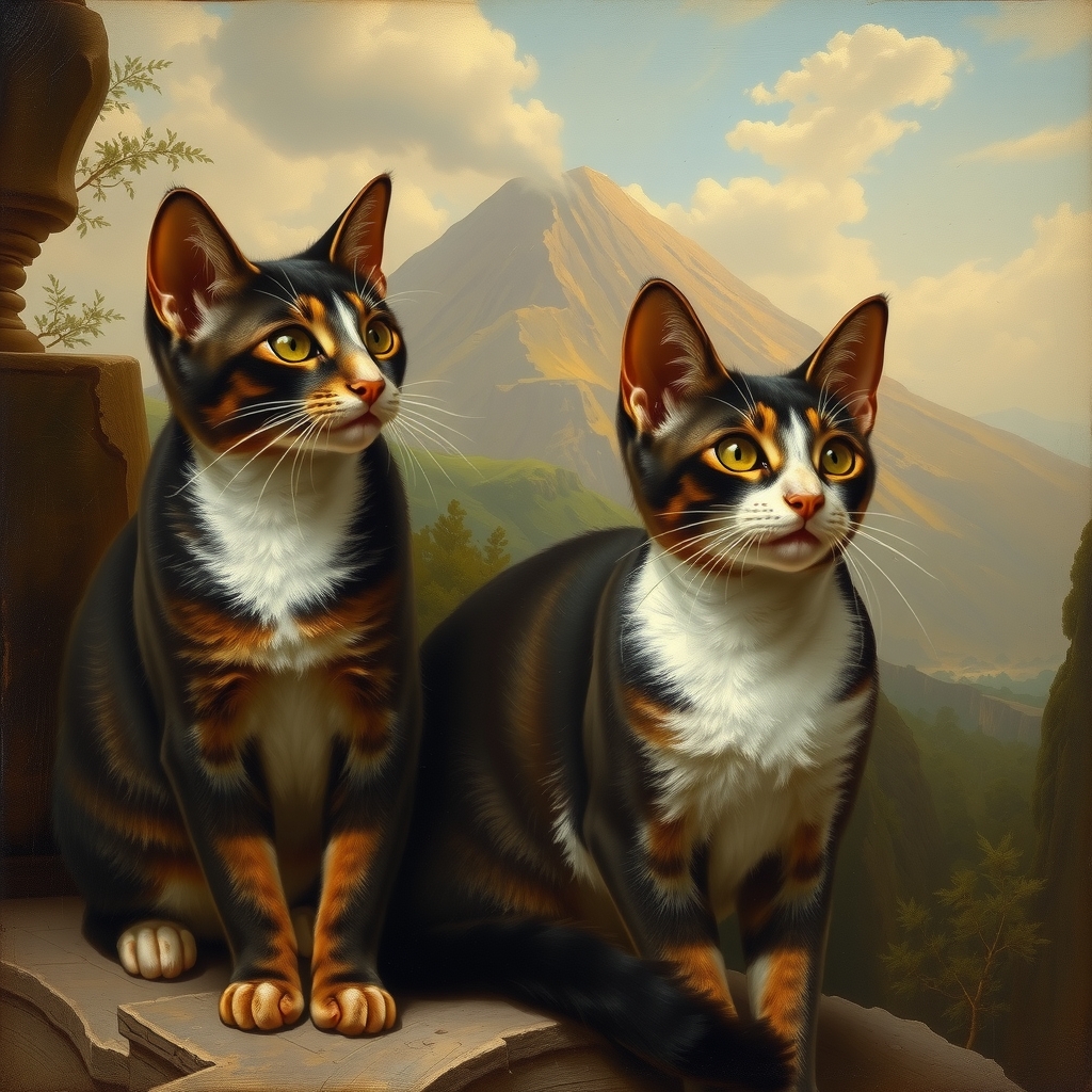 two american wirehair cats with vesuvius background italian painting style 19th century by मुफ्त एआई छवि जनरेटर - बिना लॉगिन के✨ | AIGAZOU