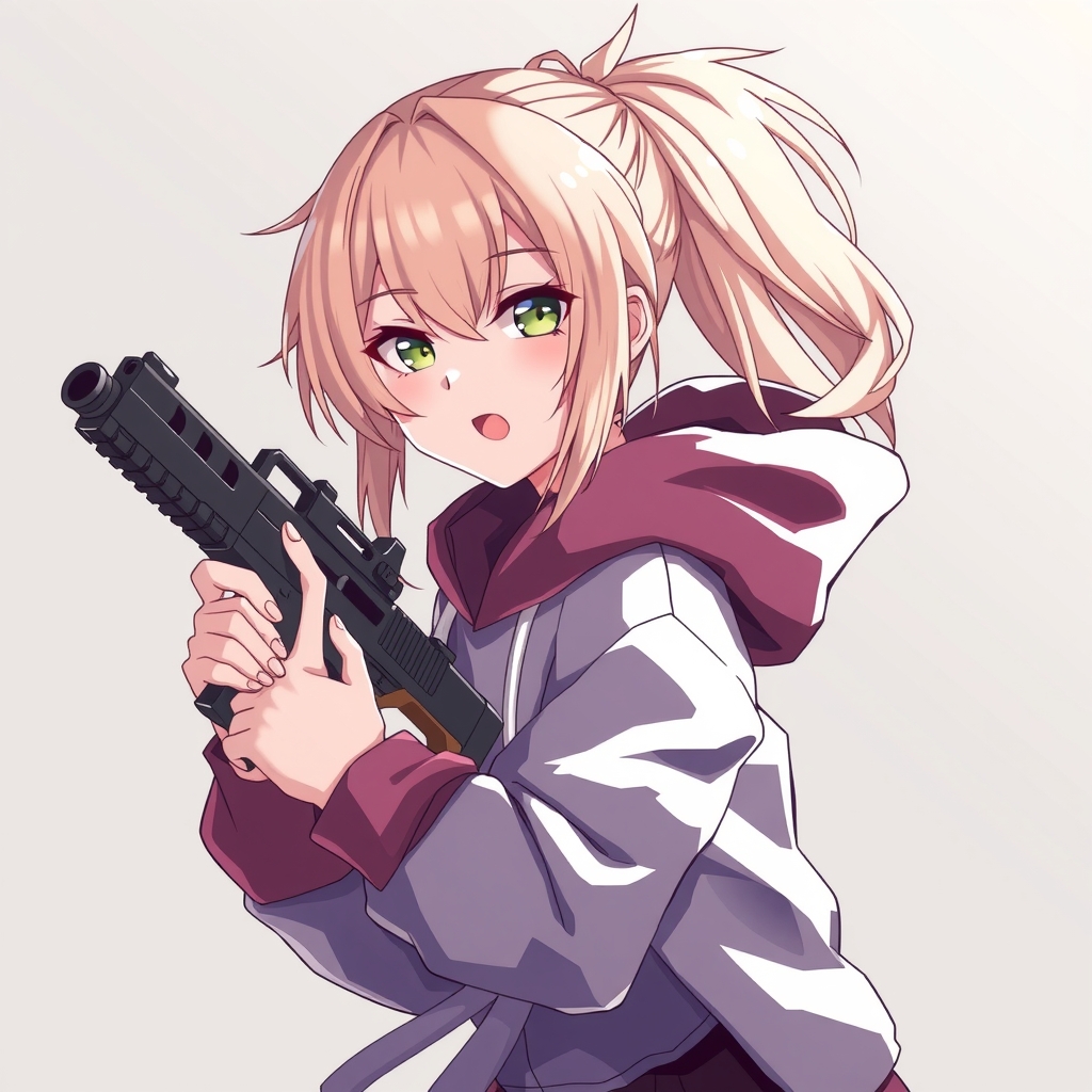 anime style ponytail hoodie holding gun full body visible by मुफ्त एआई छवि जनरेटर - बिना लॉगिन के✨ | AIGAZOU