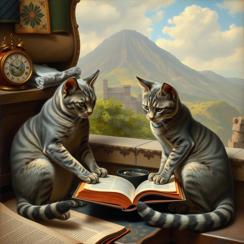 two gray cats play with book and volcano in background italian painting style of the 19th century by मुफ्त एआई छवि जनरेटर - बिना लॉगिन के✨ | AIGAZOU