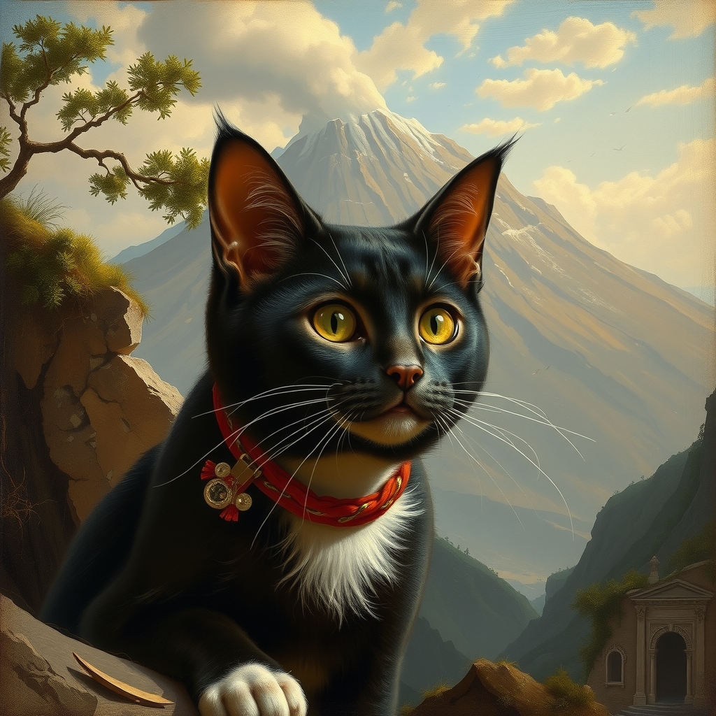 a sokoke cat with mount vesuvius in the background in the style of 19th century italian painting by मुफ्त एआई छवि जनरेटर - बिना लॉगिन के✨ | AIGAZOU