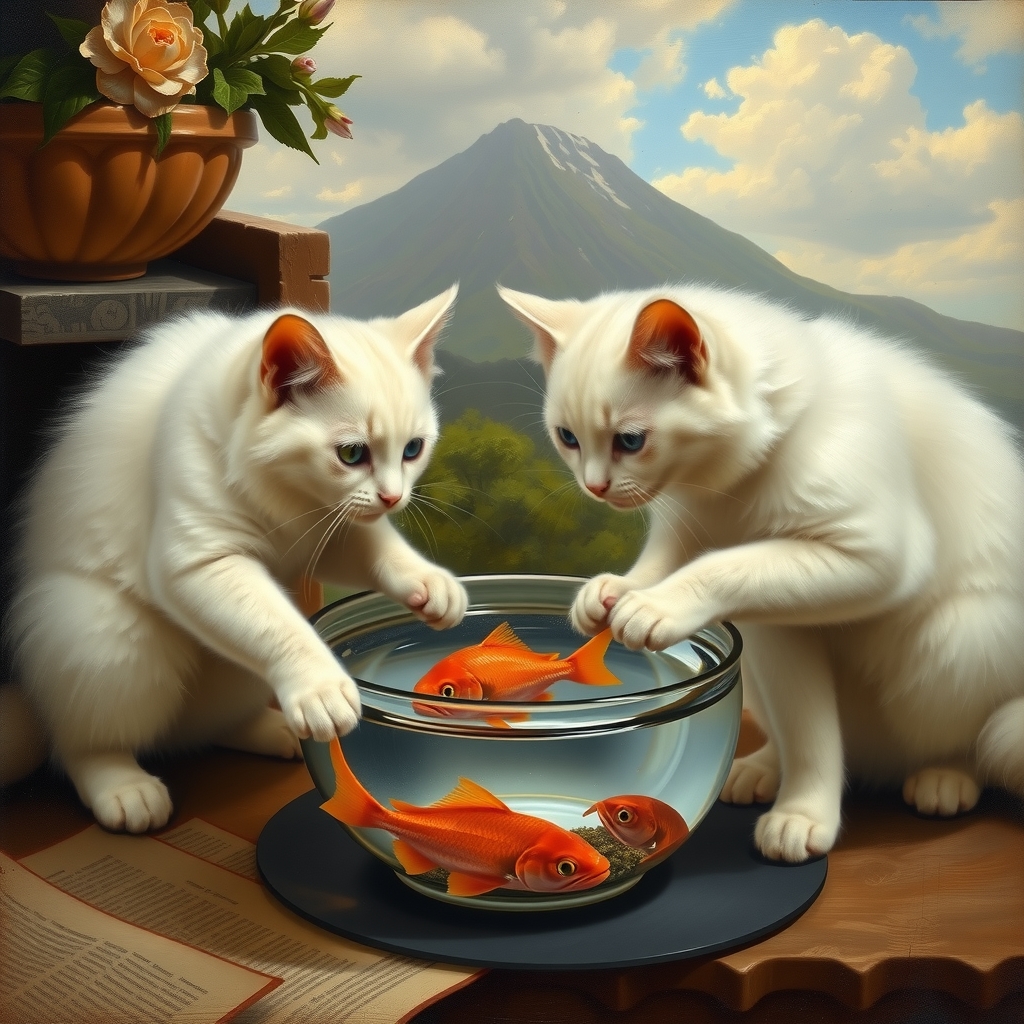 two white ragdolls playing with a water bowl with a red fish and vesuvius in the background in italian 19th by मुफ्त एआई छवि जनरेटर - बिना लॉगिन के✨ | AIGAZOU