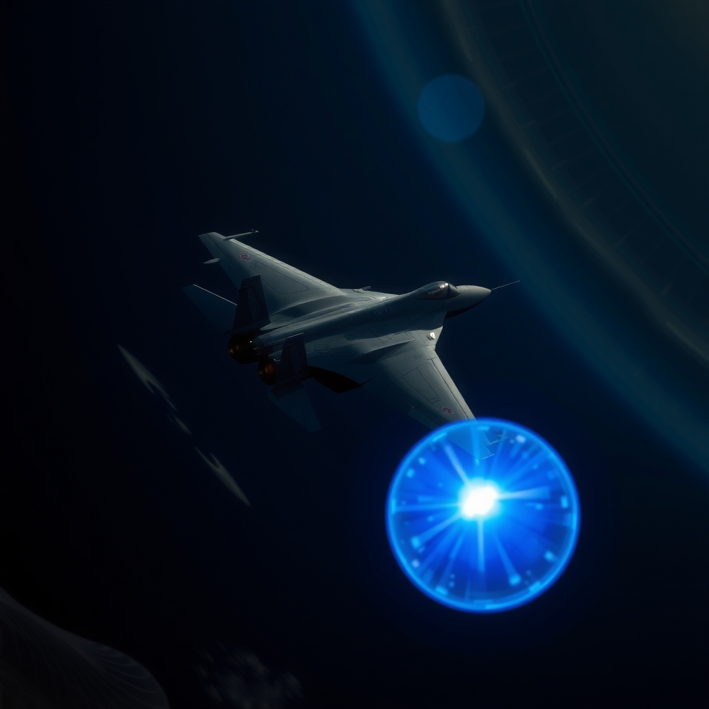 a small blue plasma ball floating next to a modern fighter jet at night by मुफ्त एआई छवि जनरेटर - बिना लॉगिन के✨ | AIGAZOU