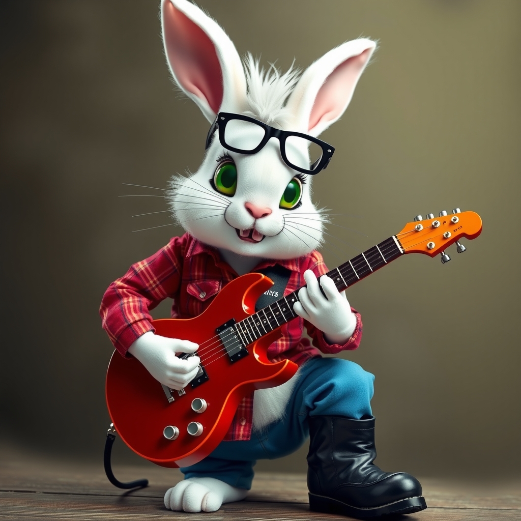 a white rabbit with green eyes and punk hair in a red checkered shirt blue pants and black leather boots by Générateur d'images par IA gratuit - Aucune connexion nécessaire✨ | AIGAZOU