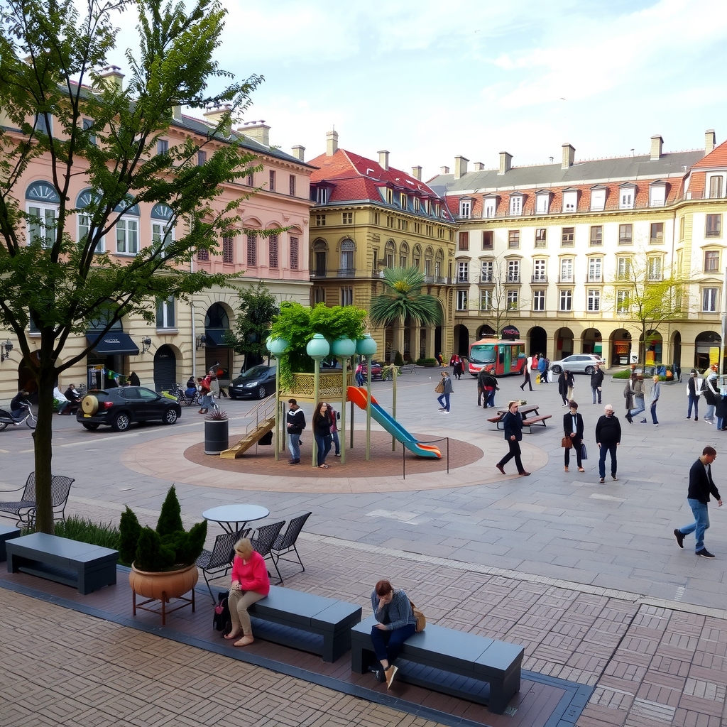 public square with people meeting place seating playground paved by मुफ्त एआई छवि जनरेटर - बिना लॉगिन के✨ | AIGAZOU