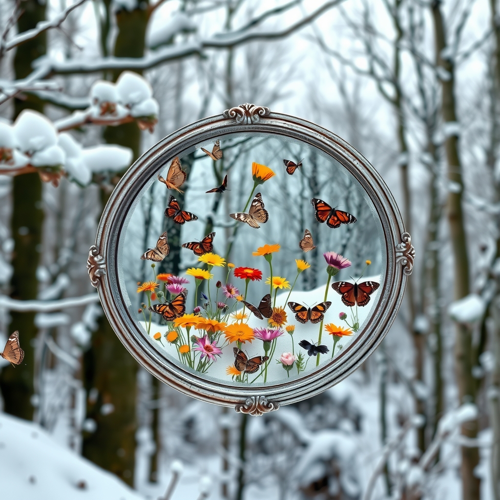 ancient silver framed oval mirror floating in snowy forest by Générateur d'images par IA gratuit - Aucune connexion nécessaire✨ | AIGAZOU