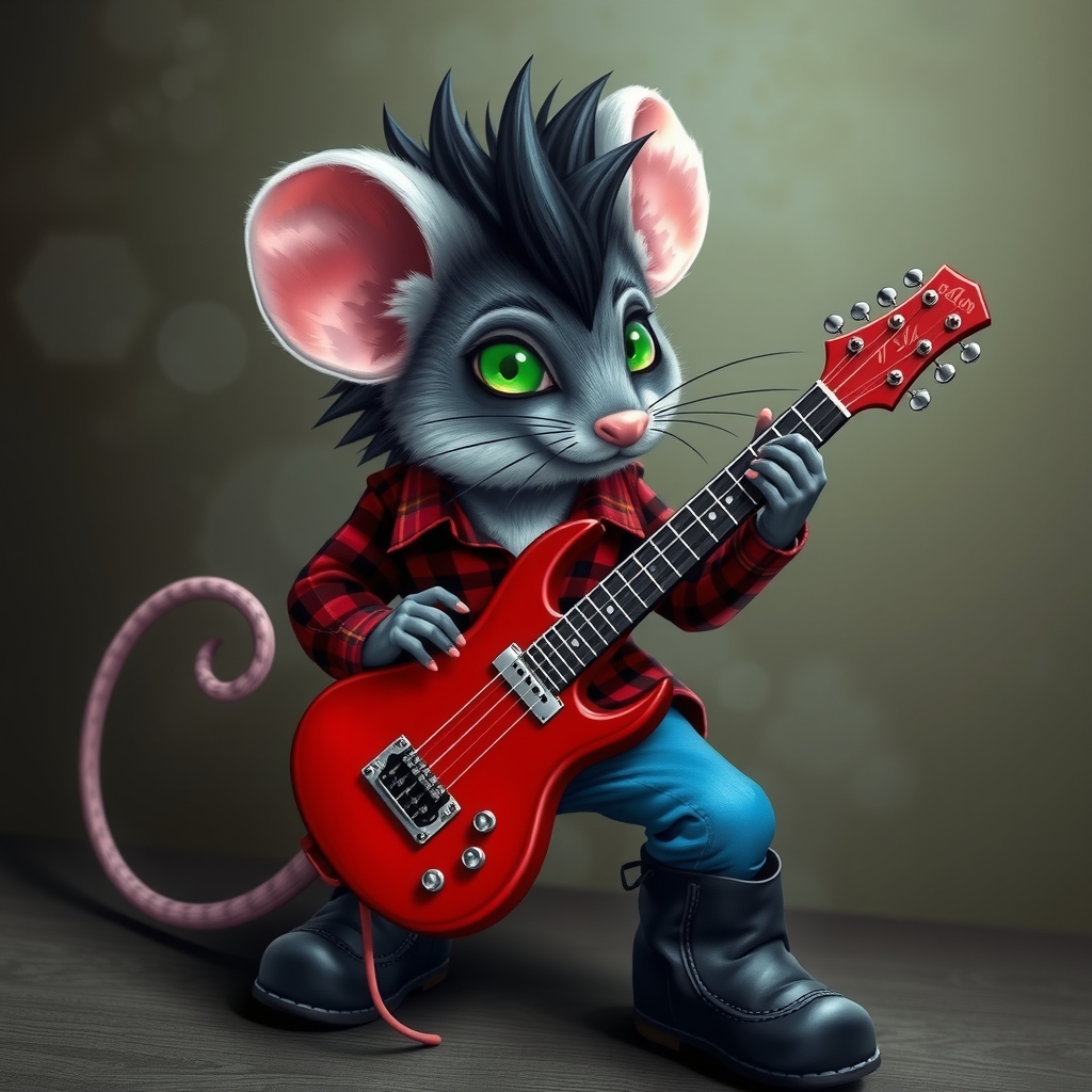 a black and white spotted mouse with green eyes and punk hair in a red checkered shirt blue pants and by मुफ्त एआई छवि जनरेटर - बिना लॉगिन के✨ | AIGAZOU