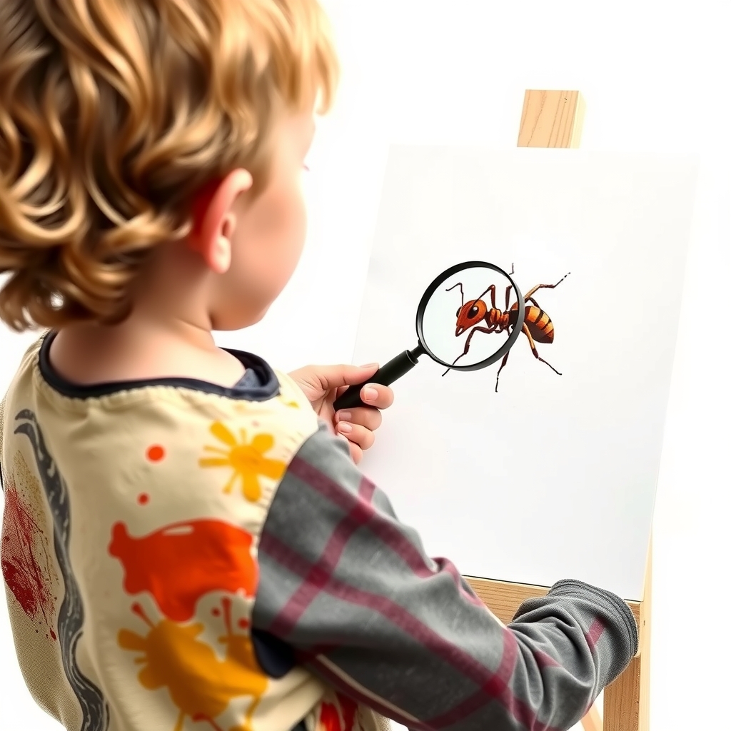 a 7 year old child wearing a paint stained apron paints a tiny ant on a very white background holding by मुफ्त एआई छवि जनरेटर - बिना लॉगिन के✨ | AIGAZOU