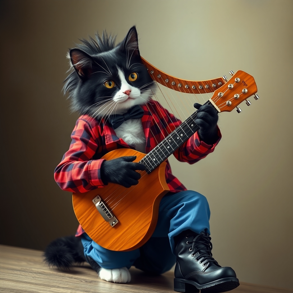 a black and white spotted cat with punk hair in a red checkered shirt blue pants and black leather boots by मुफ्त एआई छवि जनरेटर - बिना लॉगिन के✨ | AIGAZOU