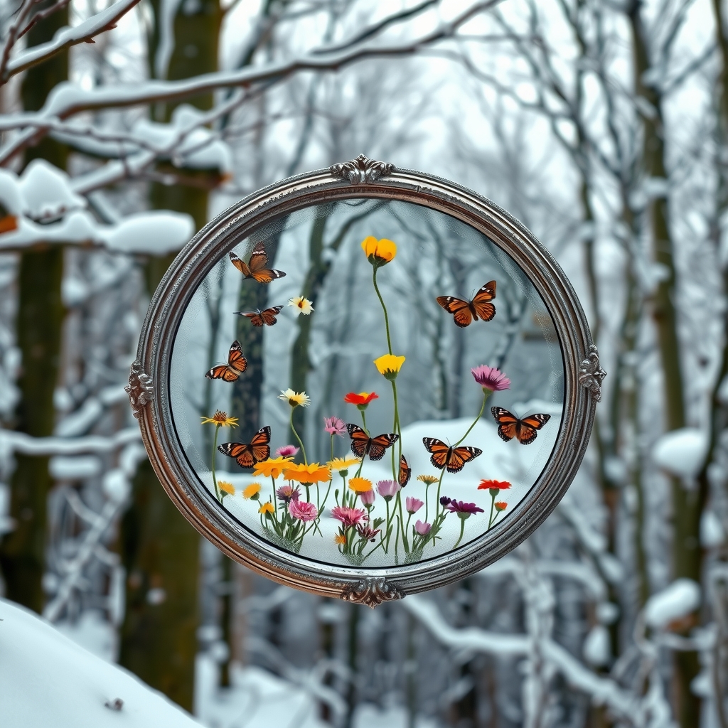 an old silver framed oval mirror floats by Générateur d'images par IA gratuit - Aucune connexion nécessaire✨ | AIGAZOU