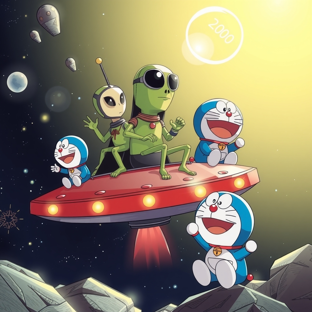 aliens riding ufo with doraemon beside by Générateur d'images par IA gratuit - Aucune connexion nécessaire✨ | AIGAZOU