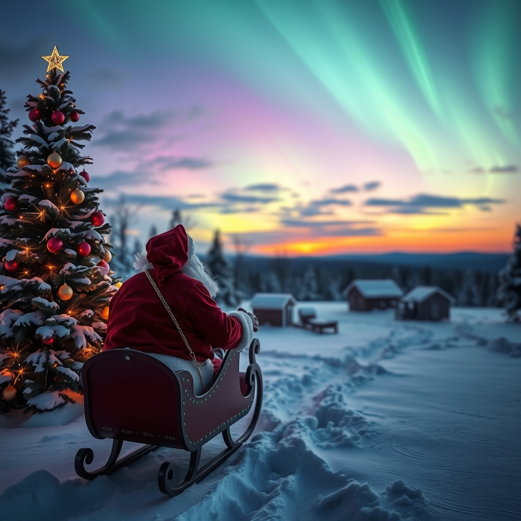 winter landscape twilight christmas tree santa sled northern lights by मुफ्त एआई छवि जनरेटर - बिना लॉगिन के✨ | AIGAZOU