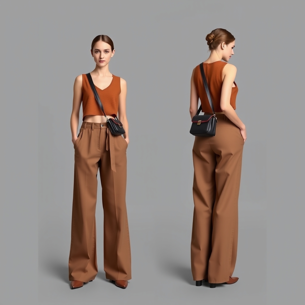 a female model full body shot vest wide leg pants underarm bag by मुफ्त एआई छवि जनरेटर - बिना लॉगिन के✨ | AIGAZOU