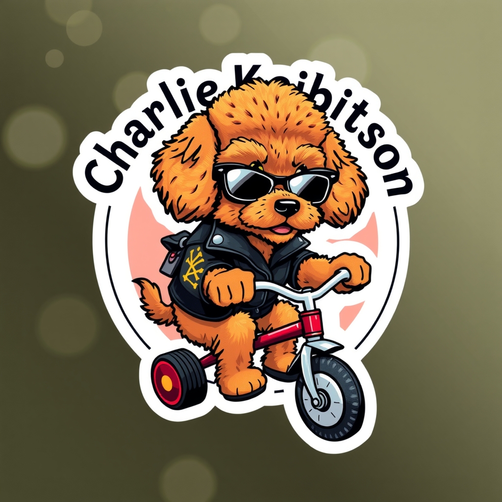 charlie capeton logo with black sunglasses leather jacket brown toy poodle driving tricycle sticker by मुफ्त एआई छवि जनरेटर - बिना लॉगिन के✨ | AIGAZOU