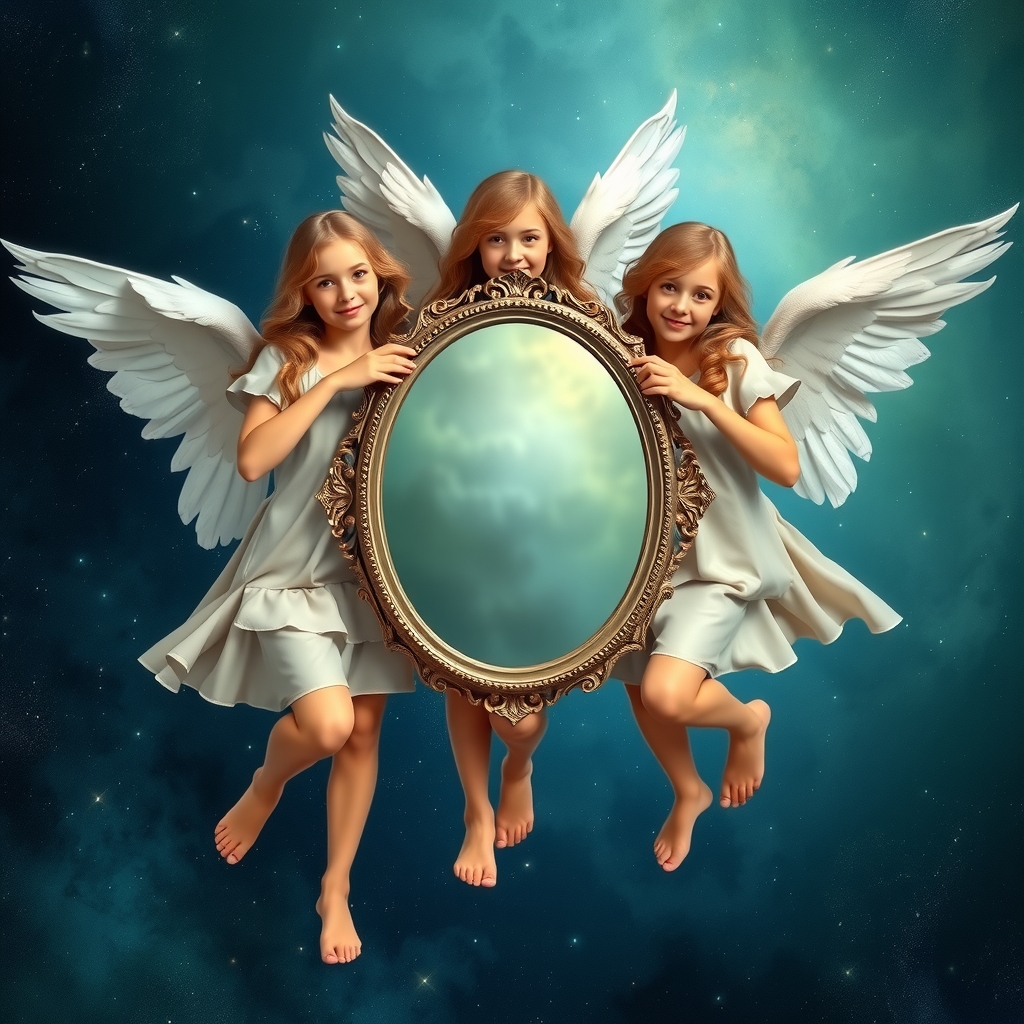 three angels in the universe hold an oval old mirror by मुफ्त एआई छवि जनरेटर - बिना लॉगिन के✨ | AIGAZOU