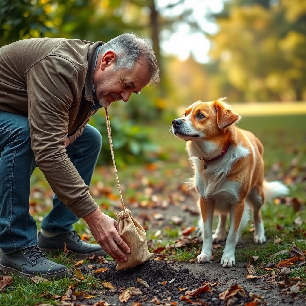 create an image of a man picking up dog waste by मुफ्त एआई छवि जनरेटर - बिना लॉगिन के✨ | AIGAZOU