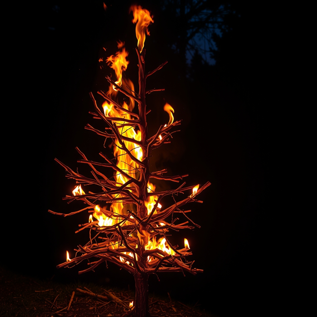 burning dry christmas tree standing fire by मुफ्त एआई छवि जनरेटर - बिना लॉगिन के✨ | AIGAZOU