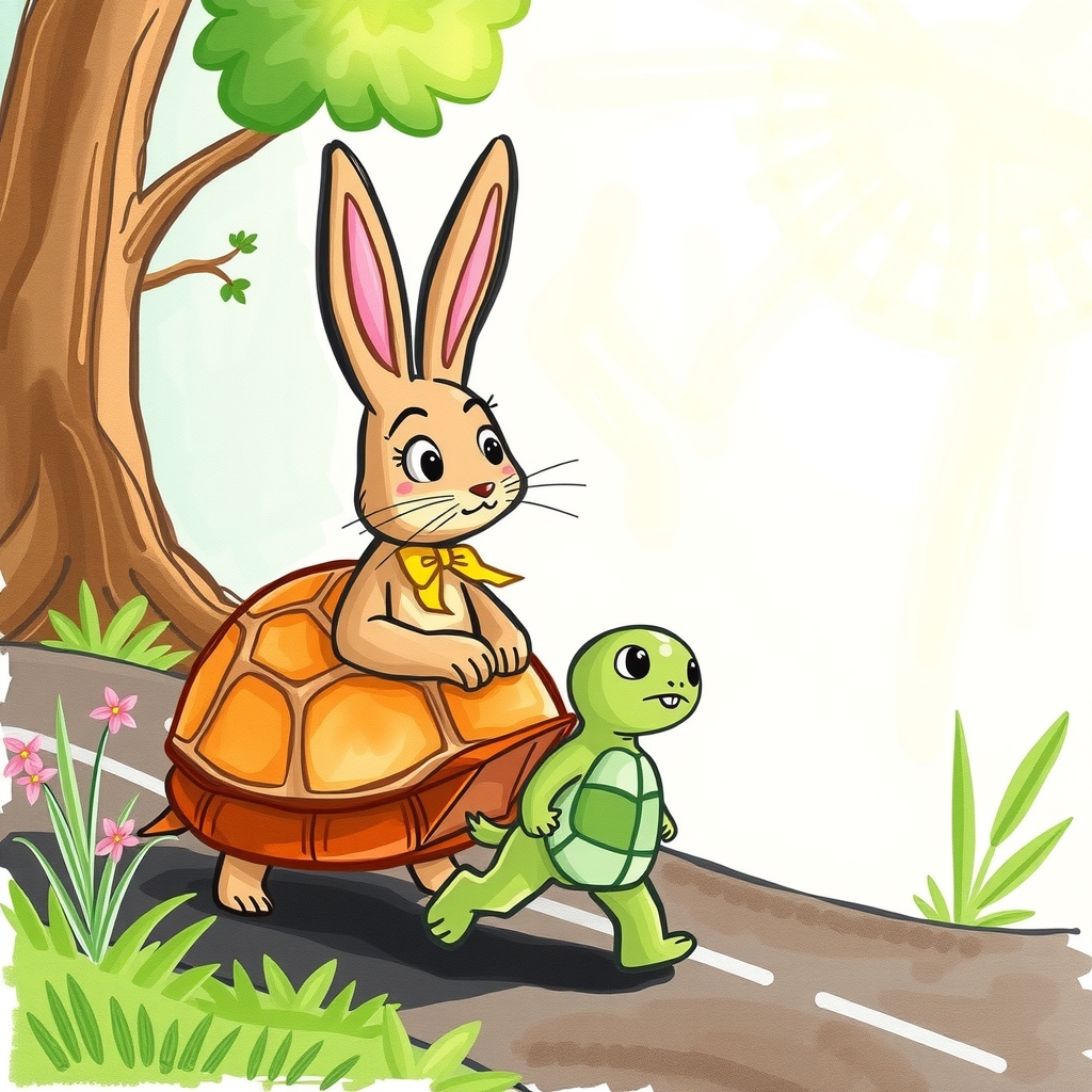 a rabbit and a turtle returning home after a race by मुफ्त एआई छवि जनरेटर - बिना लॉगिन के✨ | AIGAZOU