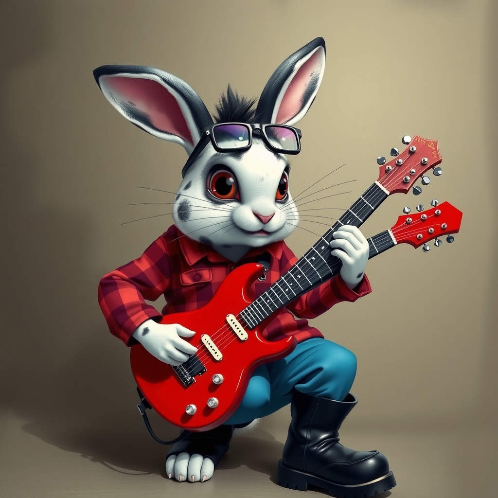 a black and white spotted rabbit with punk hair in a checkered shirt blue pants and black leather boots plays by 免费AI图像生成工具 | AIGAZOU