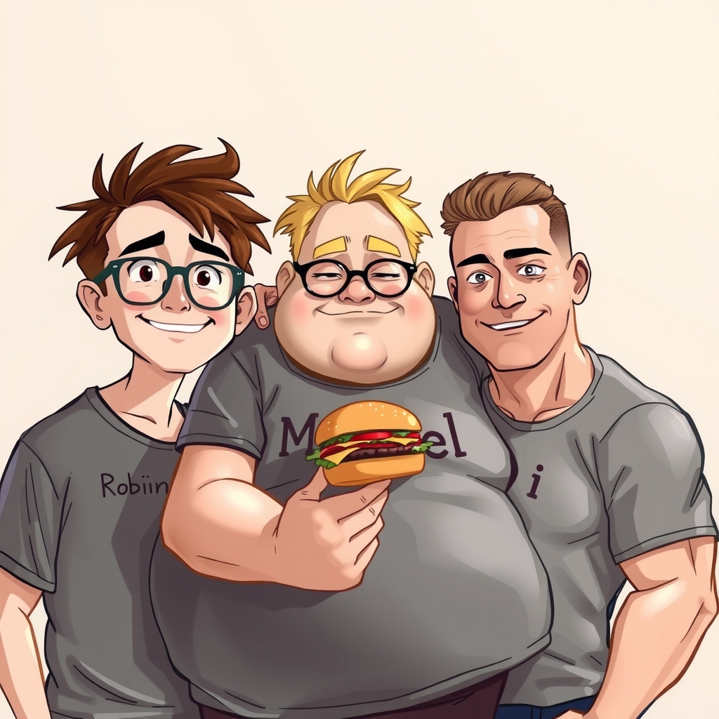 three people one brown haired glasses robin shirt another blond extremely overweight burger marcel shirt last muscular oli shirt brown by मुफ्त एआई छवि जनरेटर - बिना लॉगिन के✨ | AIGAZOU