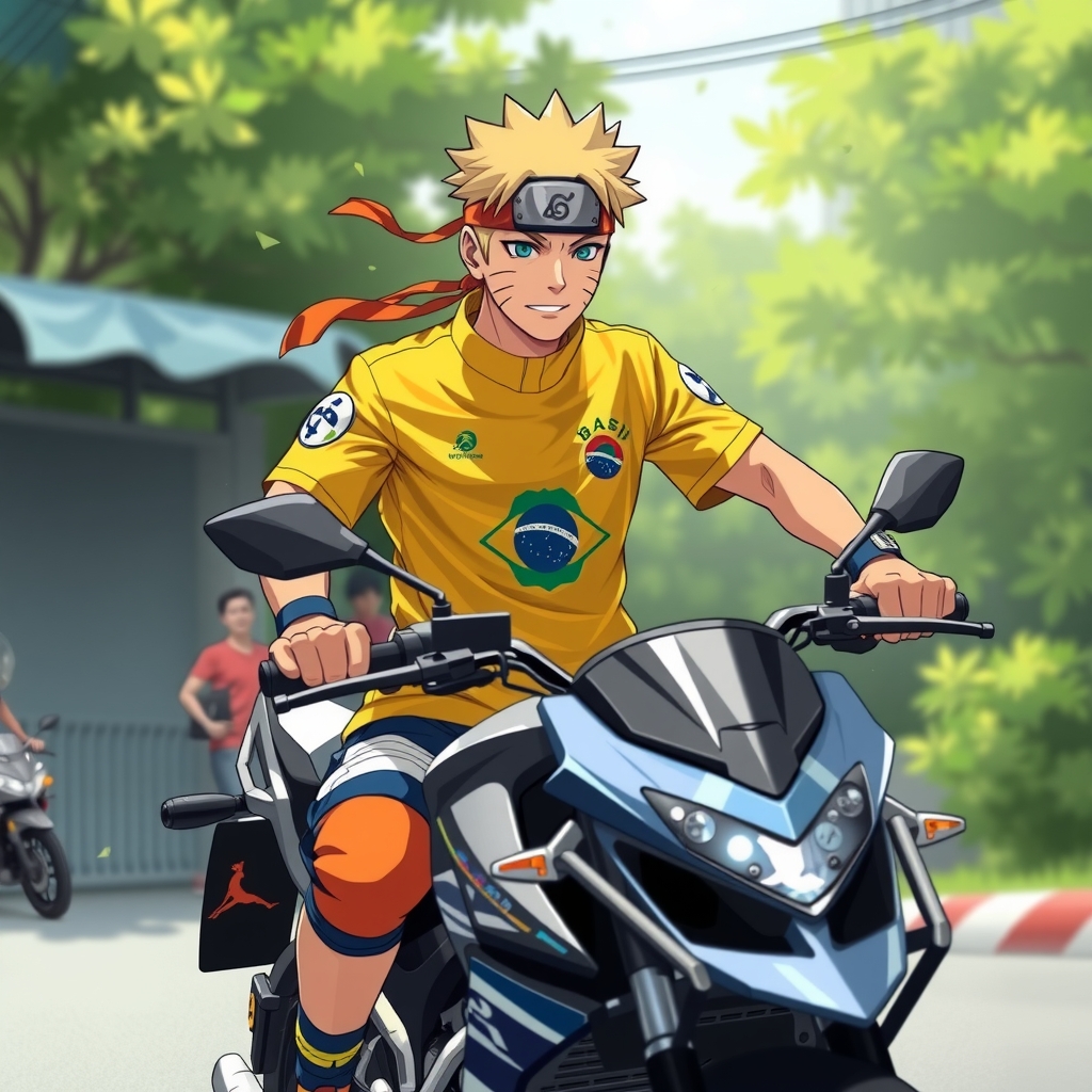 naruto with brazil jersey on motorcycle by मुफ्त एआई छवि जनरेटर - बिना लॉगिन के✨ | AIGAZOU