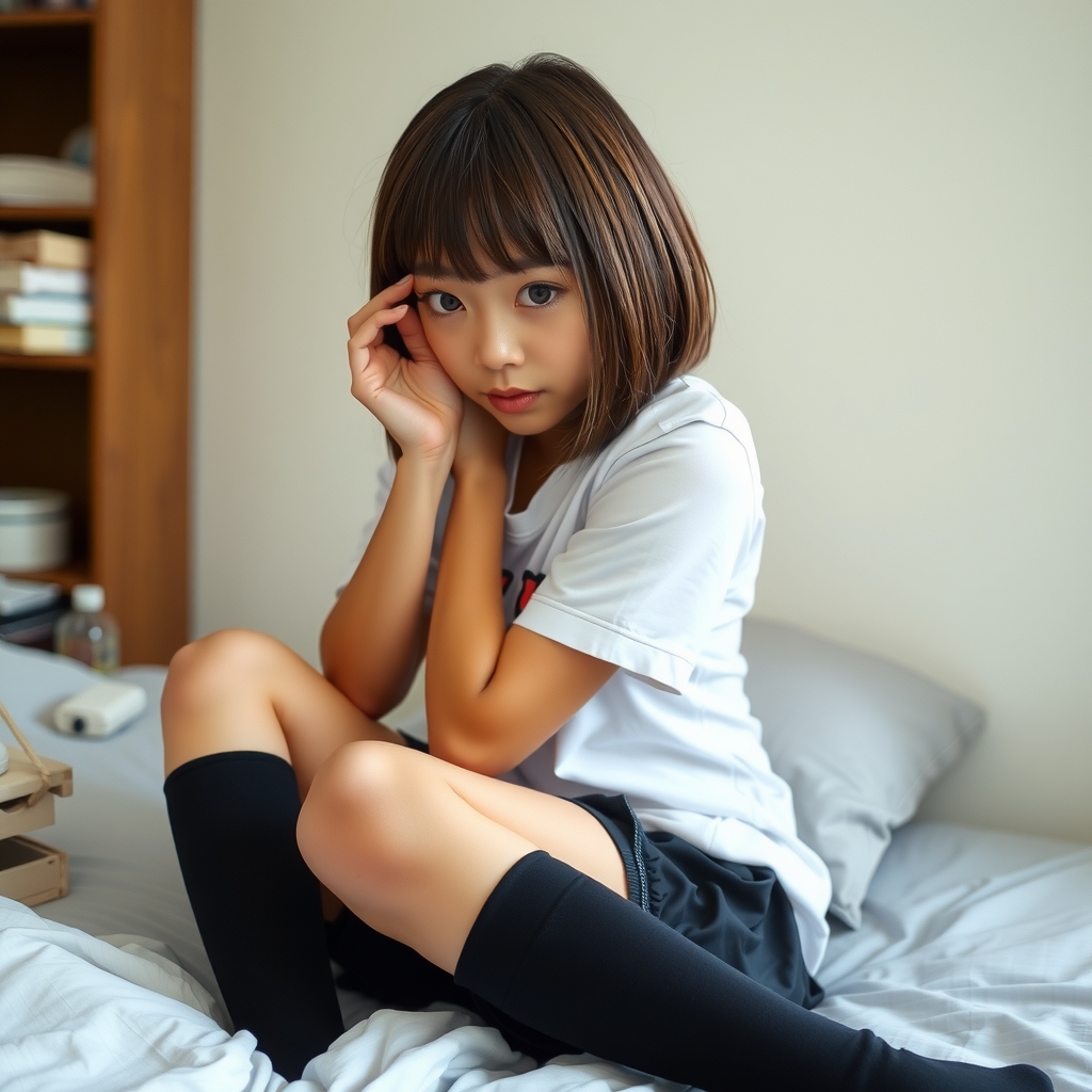 japanese middle school student wearing black thigh high socks mini skirt sitting on bed looking at camera bob cut white by मुफ्त एआई छवि जनरेटर - बिना लॉगिन के✨ | AIGAZOU