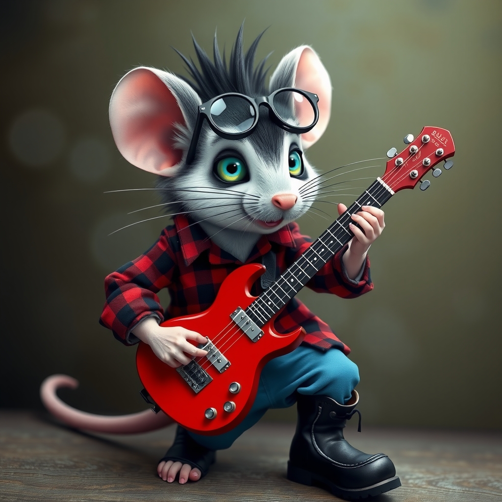 a black and white spotted mouse with blue green eyes and punk hair in a red checkered shirt blue pants by मुफ्त एआई छवि जनरेटर - बिना लॉगिन के✨ | AIGAZOU