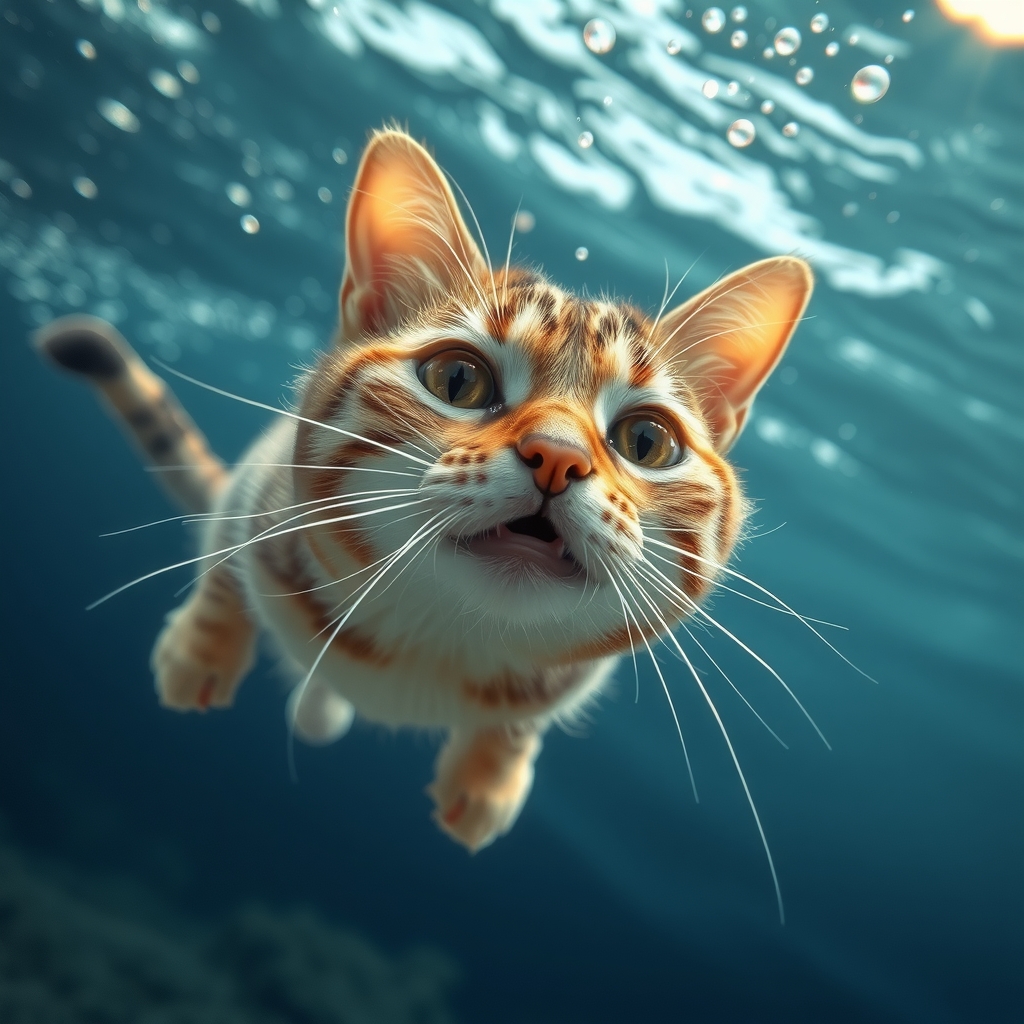 a fish aiming at a swimming cat in the sea by मुफ्त एआई छवि जनरेटर - बिना लॉगिन के✨ | AIGAZOU