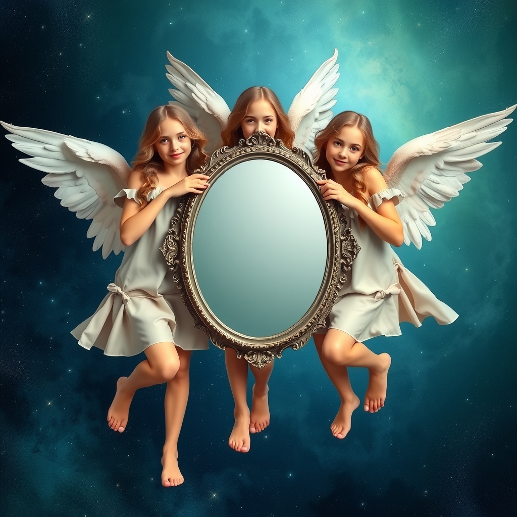 three angels in the universe hold an oval old mirror by मुफ्त एआई छवि जनरेटर - बिना लॉगिन के✨ | AIGAZOU