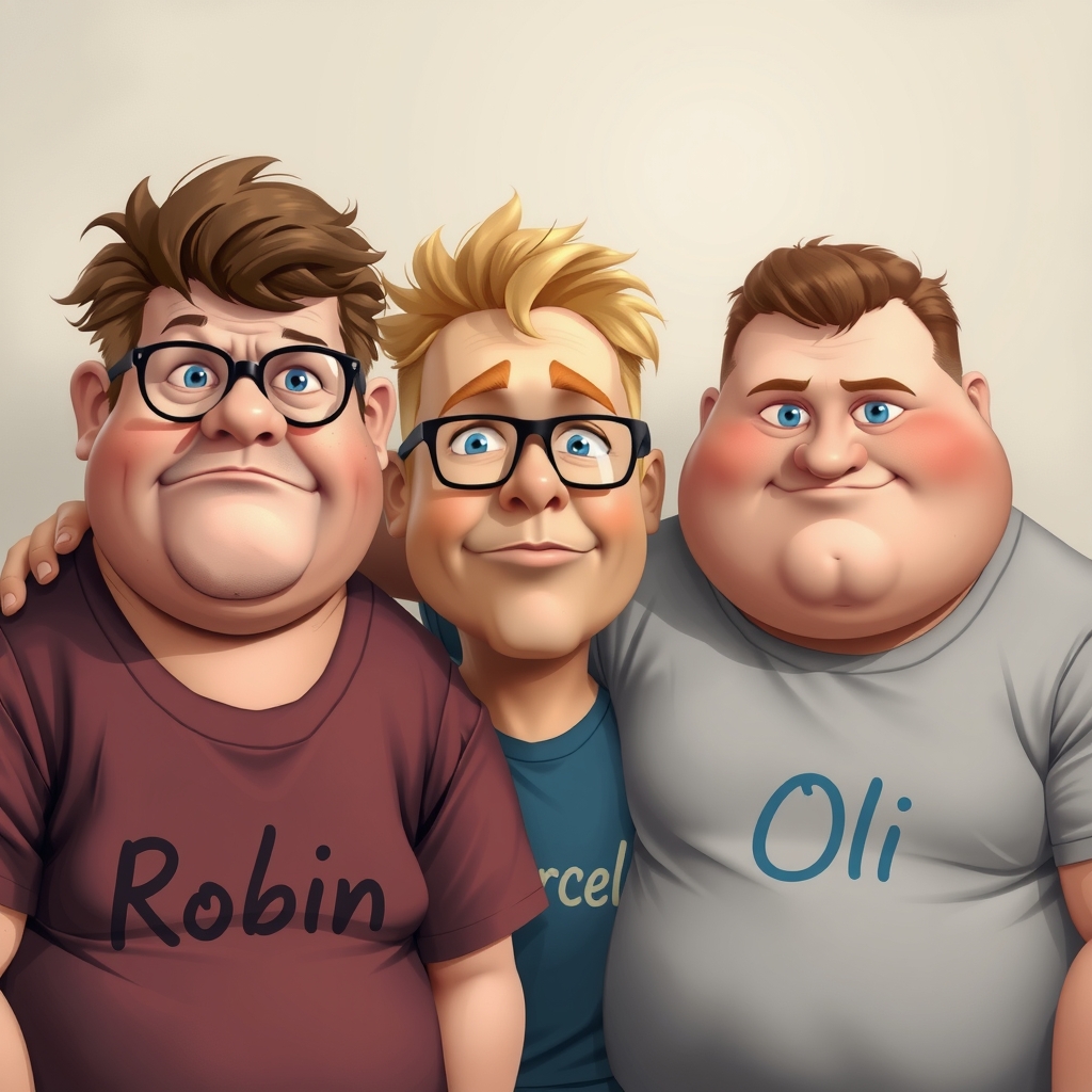 three people one brown haired glasses fat ugly pimples tshirt robin another blond fat glasses tshirt marcel last muscular tshirt by मुफ्त एआई छवि जनरेटर - बिना लॉगिन के✨ | AIGAZOU