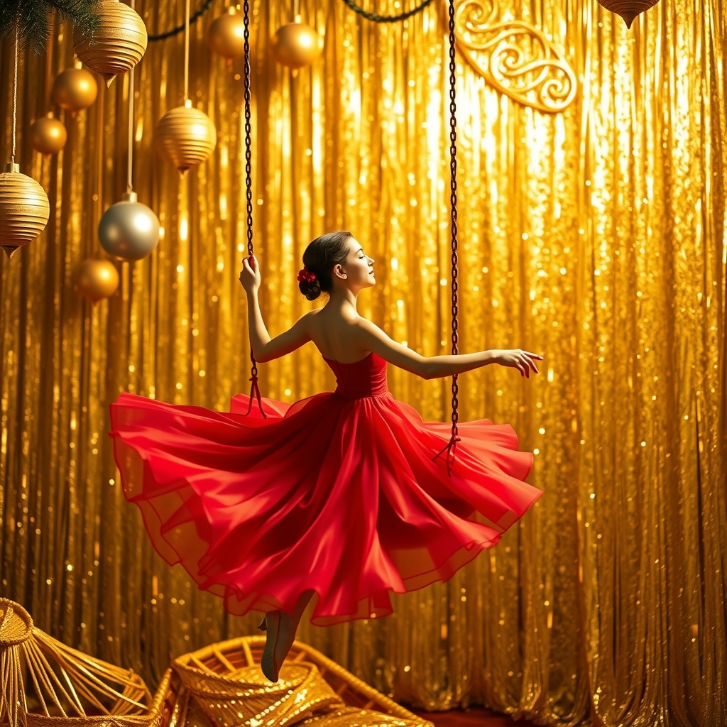 a golden background with ornaments and a red dress dancer on a swing by मुफ्त एआई छवि जनरेटर - बिना लॉगिन के✨ | AIGAZOU