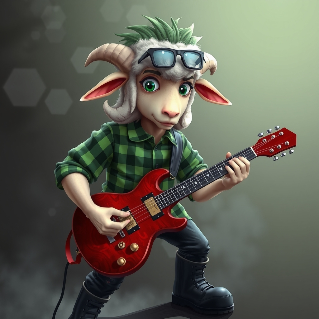 a sheep with green eyes and punk hair in a green checkered shirt black pants and black leather boots plays by मुफ्त एआई छवि जनरेटर - बिना लॉगिन के✨ | AIGAZOU