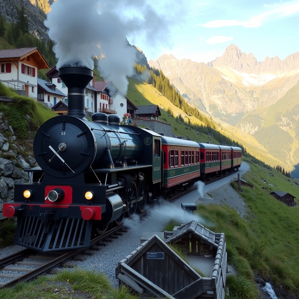 steam locomotive with 5 cars in the alps by मुफ्त एआई छवि जनरेटर - बिना लॉगिन के✨ | AIGAZOU