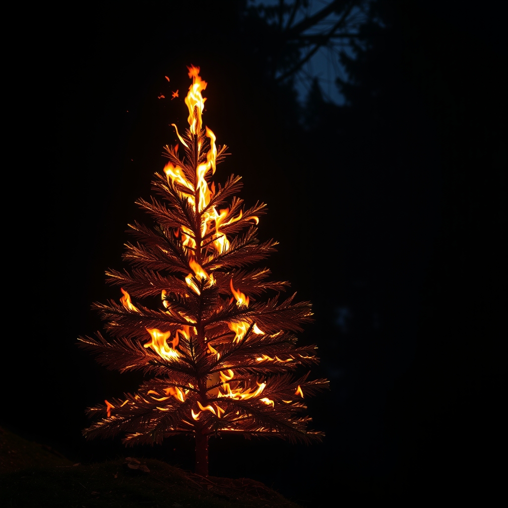 burning christmas tree in a dark forest at night by मुफ्त एआई छवि जनरेटर - बिना लॉगिन के✨ | AIGAZOU